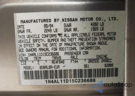 2005 Nissan Altima 2.5 S from USA, damaged, VIN 1N4AL11D15C236686